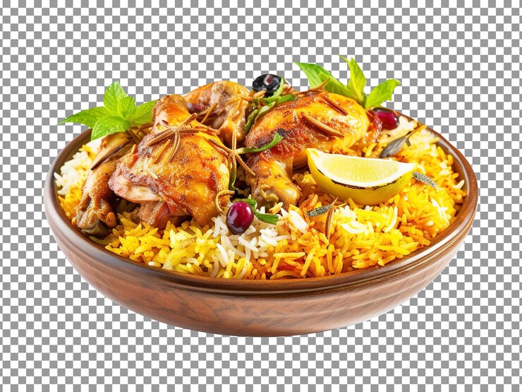 PSD delizioso biryani di pollo con fette di verdure su sfondo trasparente