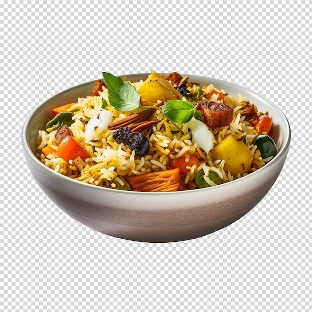 delizioso biryani di verdure in una ciotola su bianco