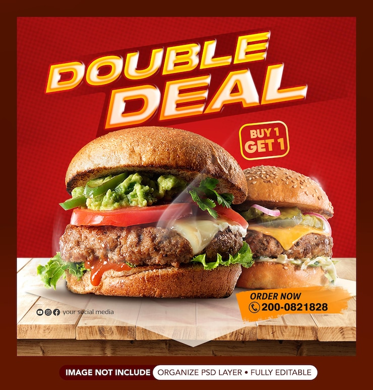 PSD delizioso burger doppio affare volantino poster modello banner social media