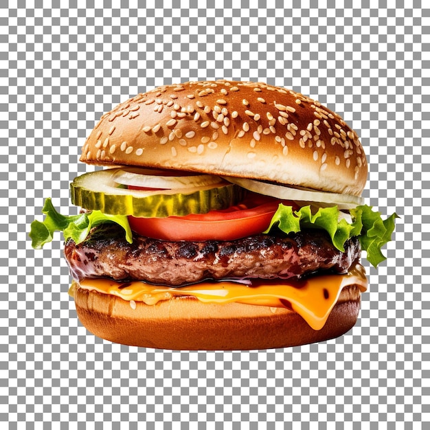 Delizioso hamburger con formaggio cipolle pomodoro e manzo su sfondo trasparente