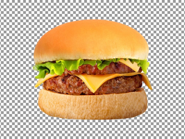 Delizioso hamburger con tortino di formaggio e manzo isolato su sfondo trasparente