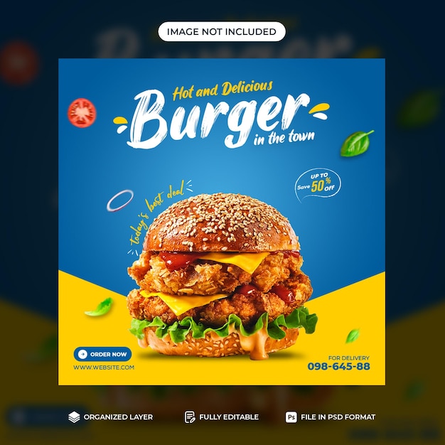 Delizioso hamburger e menu di cibo design del modello di banner di promozione sui social media