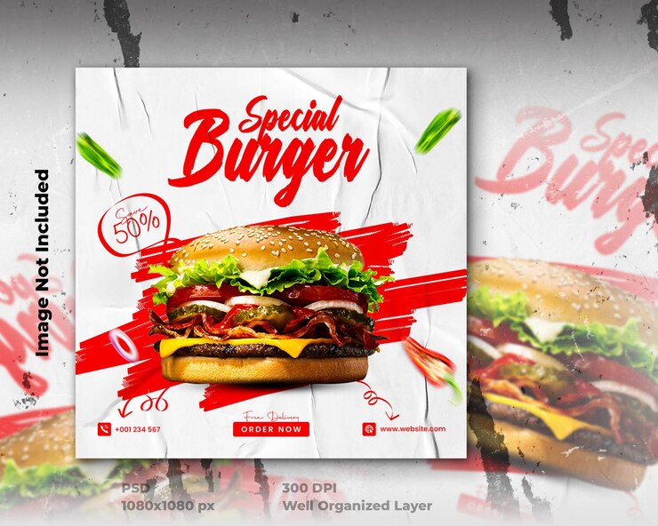 Delizioso hamburger e menu di cibo promozione sui social media e modello di banner web