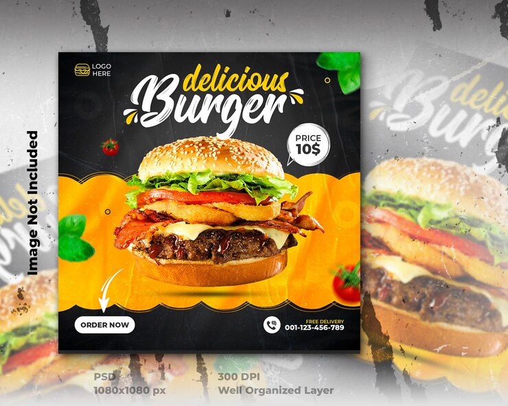 Delizioso hamburger e menu di cibo promozione sui social media e modello di banner web