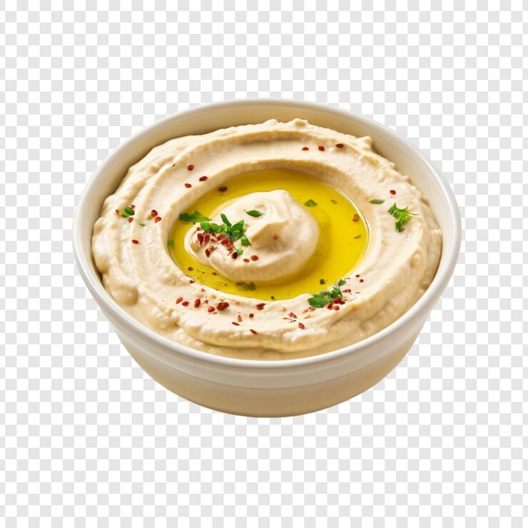 PSD delizioso hummus cremoso, ciotola, olio d'oliva, spezie, prezzemolo, guarnizione