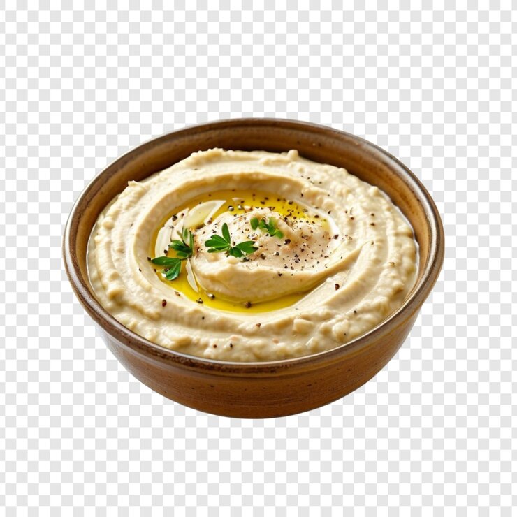 PSD delizioso hummus cremoso in ciotola nera olio d'oliva prezzemolo guarnizione