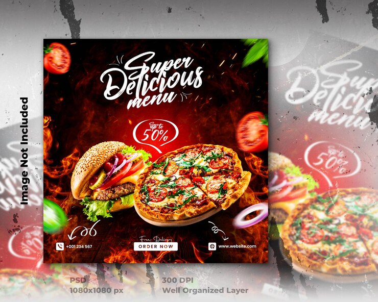 Delizioso menu di cibo e deliziosa pizza modello di banner sui social media