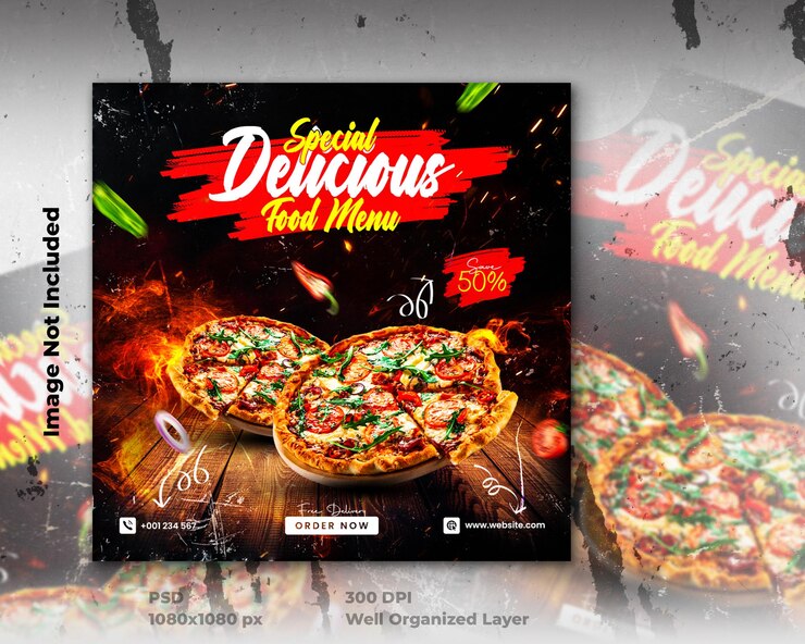 Delizioso menu di cibo e deliziosa pizza modello di banner sui social media