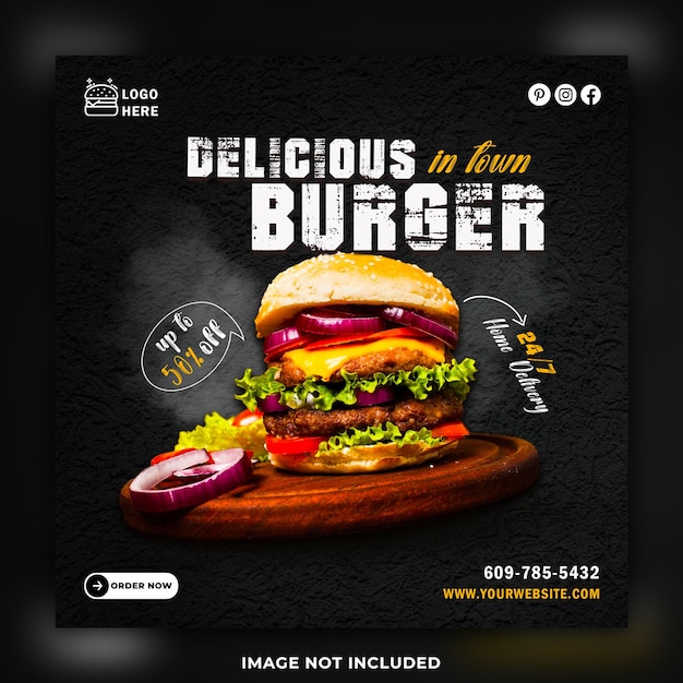 Delizioso menu di hamburger e cibo modello di banner per social media