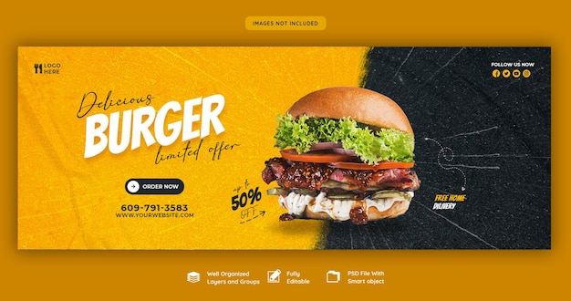 Delizioso menu di hamburger e cibo modello di copertina di Facebook