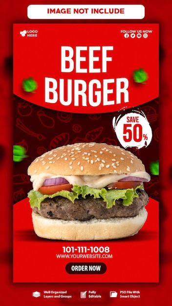 Delizioso menu di hamburger e cibo modello di storia per Instagram e Facebook