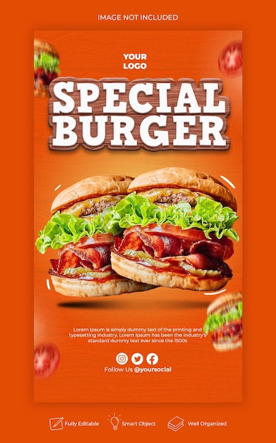 Delizioso menu di hamburger instagram e modello di storia dei social media