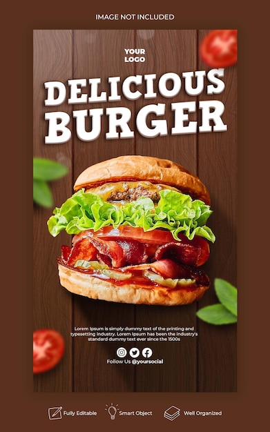 Delizioso menu di hamburger instagram e modello di storia dei social media