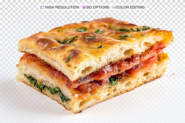 PSD delizioso panino di focaccia con ingredienti freschi su sfondo bianco