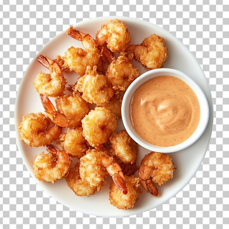 PSD delizioso piatto di gamberetti fritti croccanti con salsa cremosa appetizzer cibo mare mangiare pasto pranzo snack gustoso