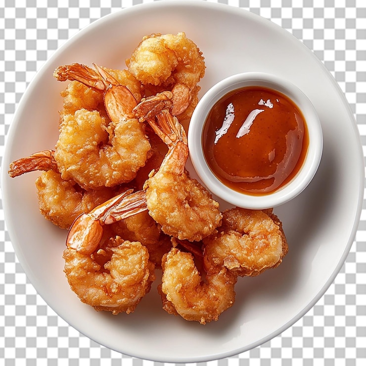 PSD delizioso piatto di gamberetti fritti croccanti con salsa piccante appetizzo fotografia alimentare piatto di pasto rosso pranzo
