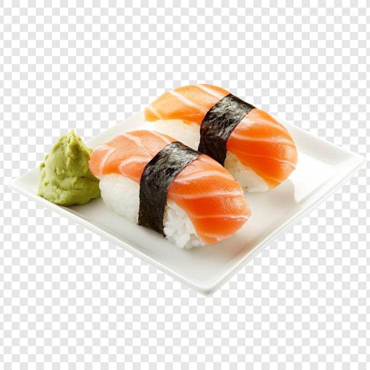 PSD delizioso salmone nigiri sushi su piatto bianco wasabi garnizione
