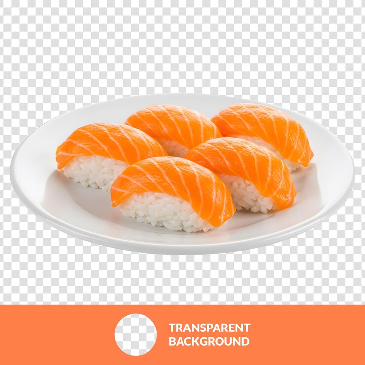 PSD delizioso sushi di salmone nigiri su un piatto bianco