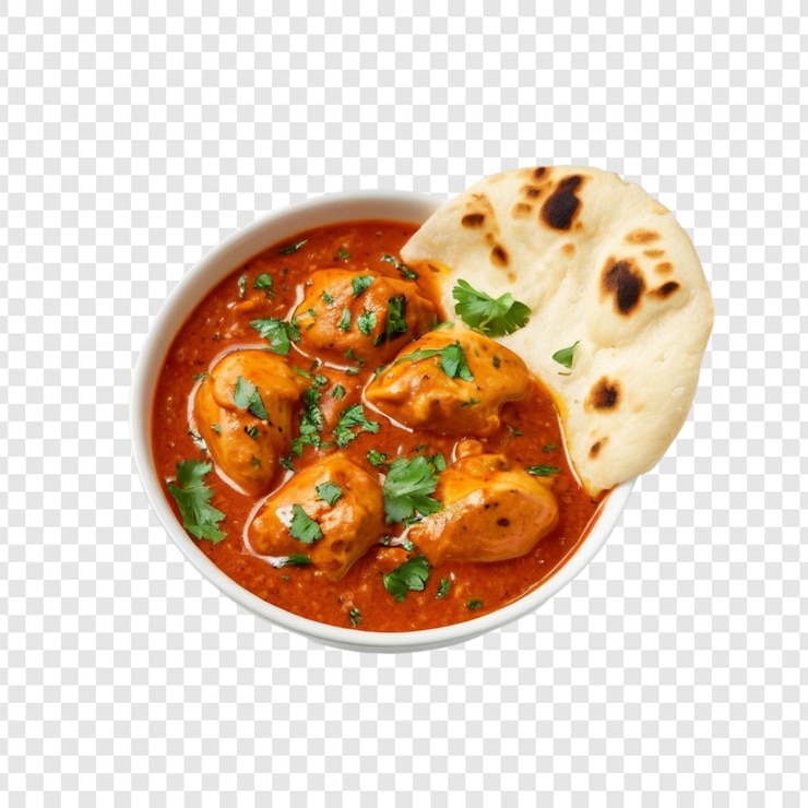 PSD delizioso tikka masala di pollo con pane naan in ciotola