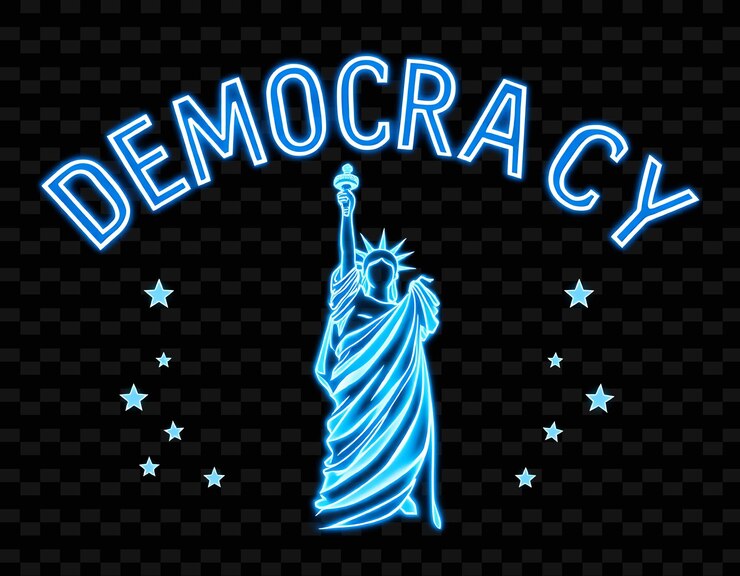 PSD la démocratie lumineuse est importante texte en bleu cobalte néon et blanc vif avec une statue étincelante de la liberté