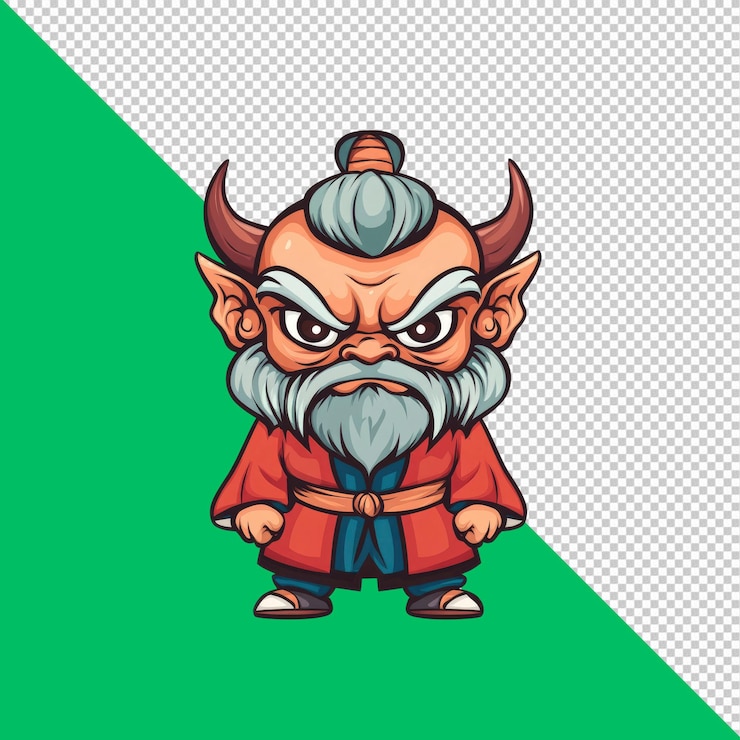 PSD demonio oni de dibujos animados enojado con cuernos en ropa tradicional japonesa