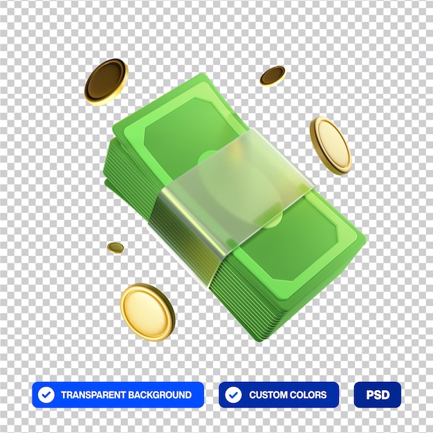 denaro e monete d'oro illustrazione di icone di cartoni animati 3D
