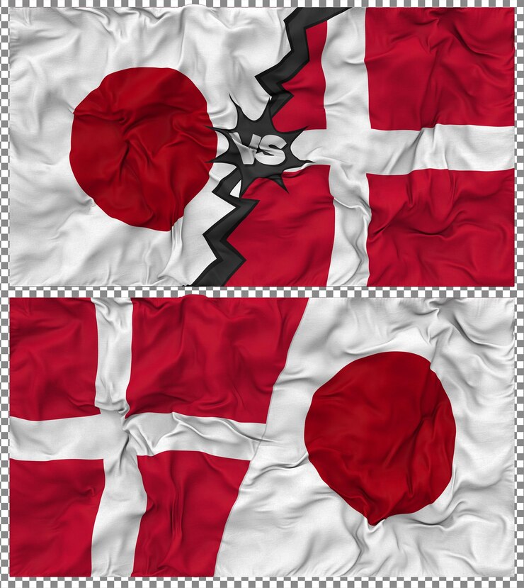 PSD denmark vs japan half combined flag cloth bump texture 3d rendering