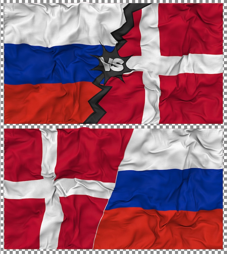 PSD denmark vs russia half combined flag cloth bump texture 3d rendering
