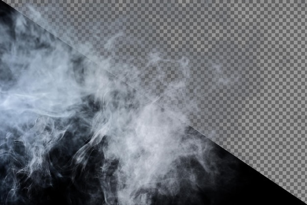 PSD densas nuvens fofas de fumaça branca e nevoeiro em fundo preto, nuvens de fumaça abstratas, isoladas. todo o movimento borrado, intenção fora de foco e contraste de alta baixa exposição