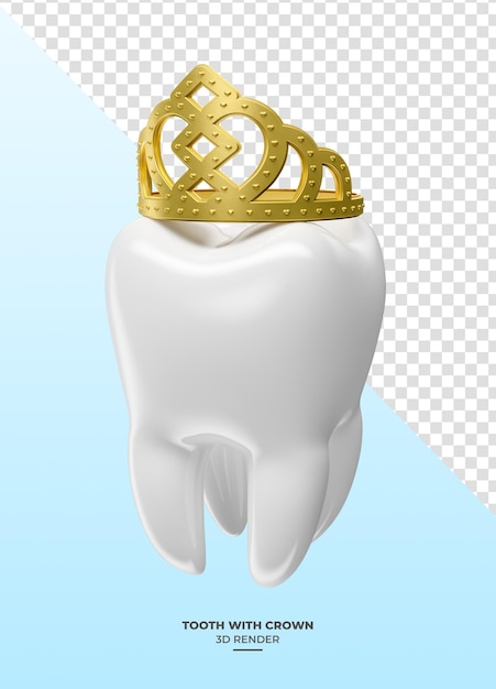 PSD dente com coroa dourada em renderização 3d com fundo transparente