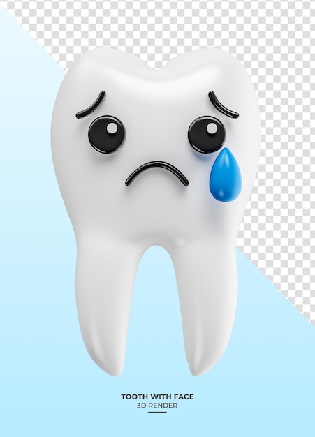 PSD dente com rosto chorando em renderização 3d com fundo transparente