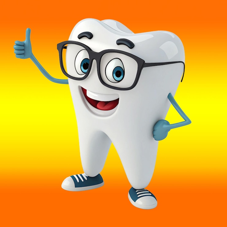 PSD dente de desenho animado feliz com óculos dando o polegar para cima