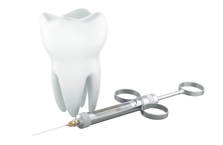PSD dente e seringa carpool para anestesia em odontologia renderização 3d isolada em fundo transparente