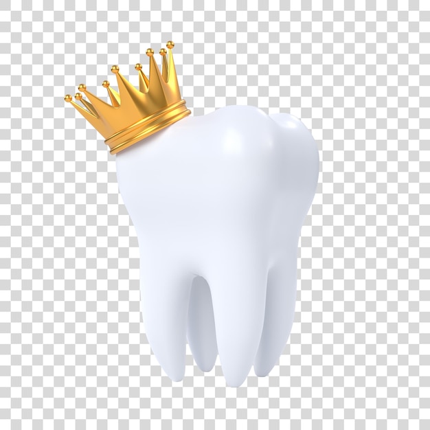 Dente humano branco coroado com uma coroa de ouro isolada em fundo branco ilustração de renderização 3D