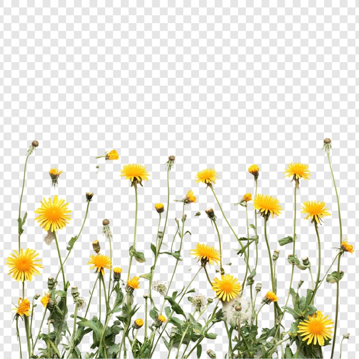 PSD dente de león amarillo vívido en plena floración algunos que muestran cabezas de semilla una escena de prado primaveral fotografía de la naturaleza flor silvestre imagen botánica