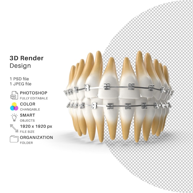 PSD dentes com aparelhos dentários modelo de modelagem 3d arquivo psd realista