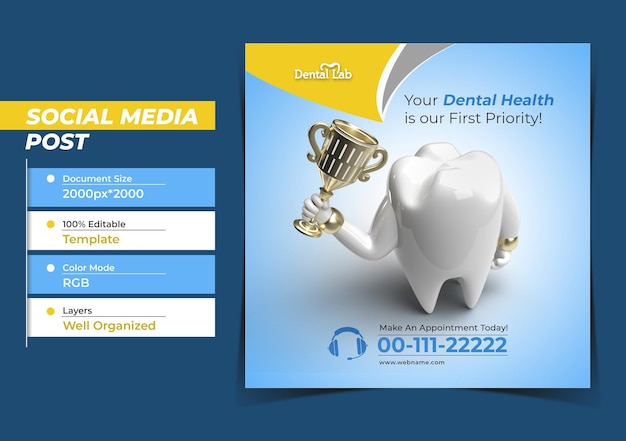 Dentes com troféu conceito de implantes dentários instagram post banner