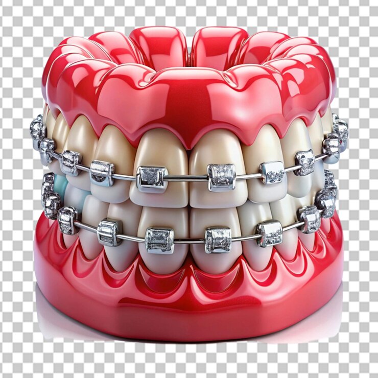 PSD dentición con aparatos dentales de acero autoligantes sobre un fondo transparente