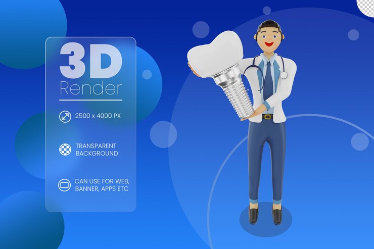 PSD dentist showing tooth implant 3d illustration