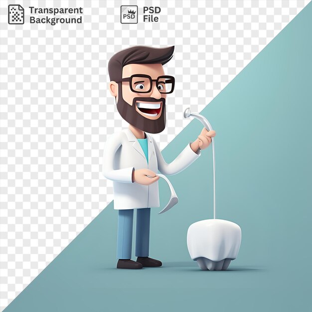 PSD dentista 3d transparente examinando dentes enquanto segura uma escova de dentes com um homem sorridente e perna azul no fundo e um braço e mão brancos visíveis em primeiro plano