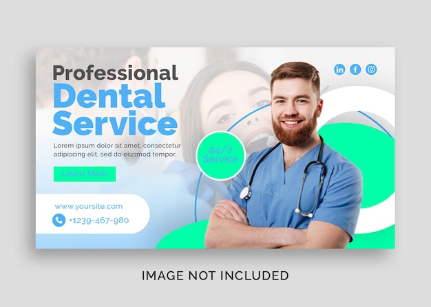 PSD dentista profissional e banner da web médica de cuidados de saúde ou capa do facebook