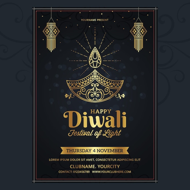 Dépliant du festival Diwali prêt à être imprimé en couleur noire