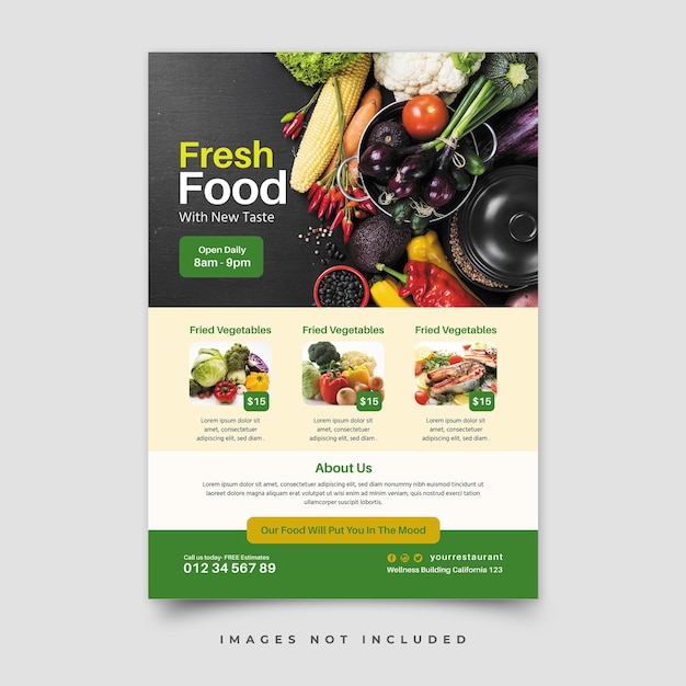 Un dépliant pour les aliments frais avec un fond vert