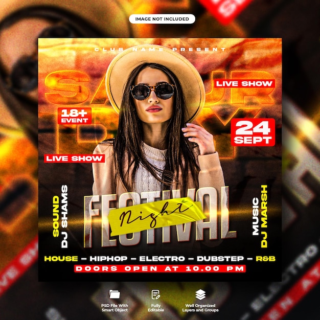 Dépliant de soirée du samedi dj club et modèle de bannière Web pour publication sur les médias sociaux