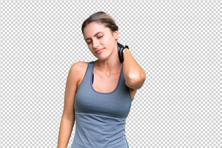 PSD deporte mujer uruguaya bonita sobre fondo aislado con dolor de cuello