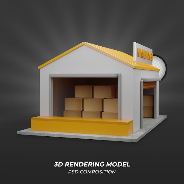 depósito 3D render com vista frontal