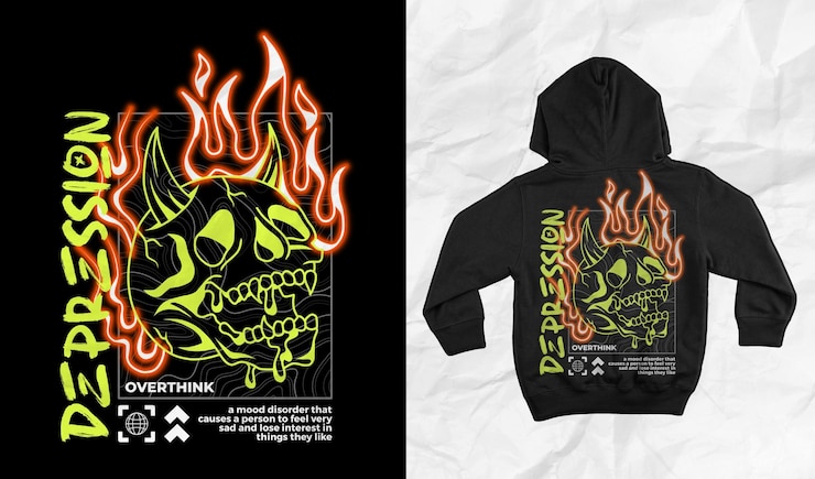 PSD depressione overtink cranio fuoco neon streetwear hoodie design