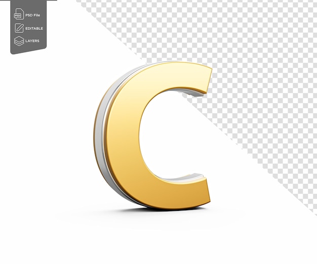 Der goldene Großbuchstabe C glänzt mit einem eleganten, modernen Design, fettfarbener Schriftart mit scharfen Kanten und 3D-Illustration
