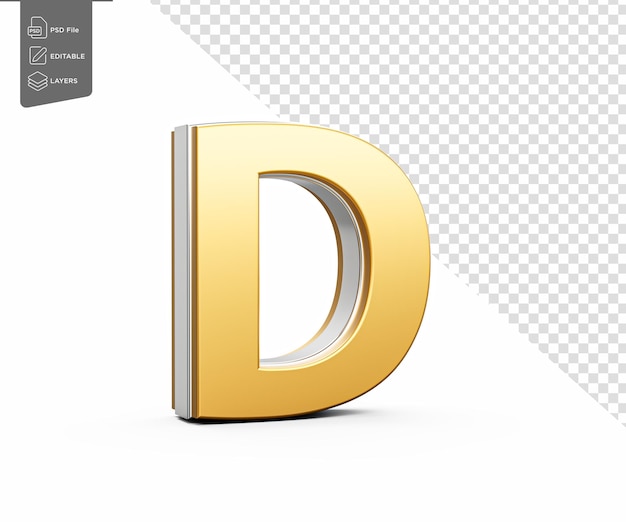 Der goldene Großbuchstabe D glänzt mit einem eleganten, modernen Design, einer fettgewichtigen Schriftart mit scharfen Kanten und einer 3D-Illustration.