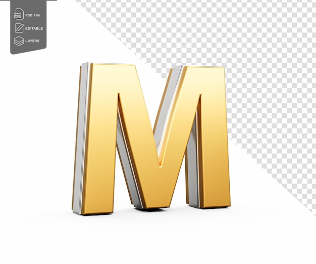 Der goldene Großbuchstabe M glänzt mit einem eleganten, modernen Design, einer fetten Schriftart mit scharfen Kanten und einer 3D-Illustration.